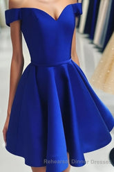 A Line Off The Shoulder V Neck Cheap Royal Blue Short Knee Length Taffeta Dc07 Semi Formal Prom Dresses